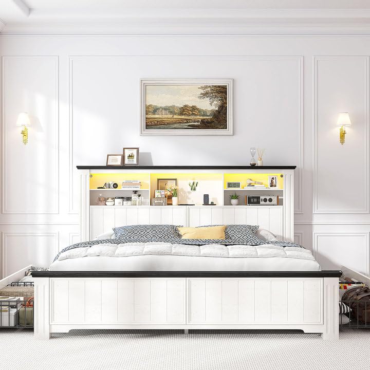 EnHomee Queen Bed Frame with Headboard and Storage, 4 Drawers and LED Built in Charging Station Bed Frame Queen Size with Storage Farmhouse, NO Noise,No Box Spring Needed, White EnHomee