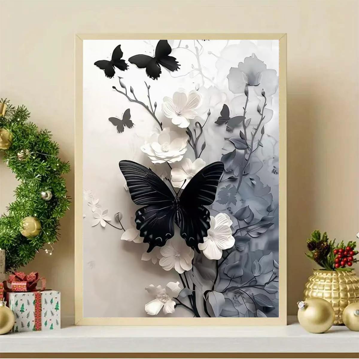 Black Butterfly 5D Diamond Painting Kits for Adults, Diamond Art Kit for White Flowers,DIY Full Round Drill Diamond Gem Art and Crafts Home Wall Decor 12 x 16 inch GEMFAMILY