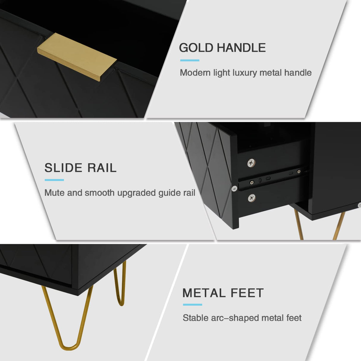 Anbuy Black Nightstand Set of 2 with Gold Handle, Bedside Table with 2 Drawers, Night Stands Set of 2 Gold Legs for Bedroom Living Room Anbuy