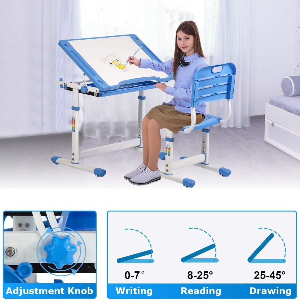 Kids Desk and Chair Set Adjustable Height Ergonomic Children's Table with Storage Drawer Kids Study Homework Desk Table for 3-15 Kids (Blue) Dkeli