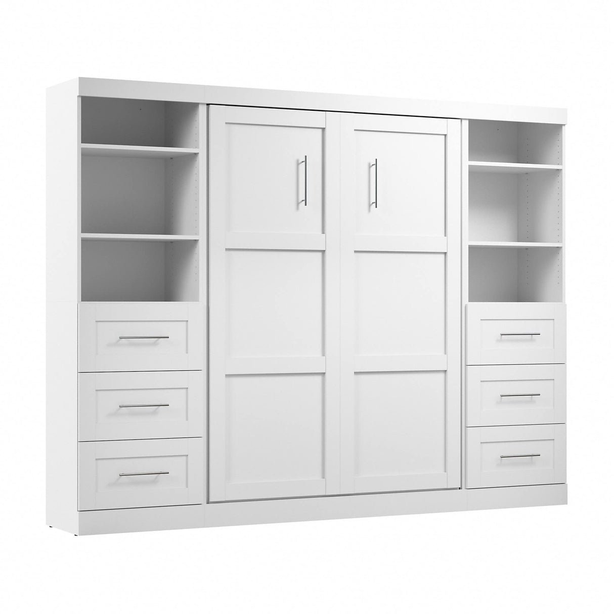 Bestar Pur Full Murphy Bed and 2 Shelving Units with Drawers, 109-inch Space-Saving Sleeping Arrangement in White Bestar