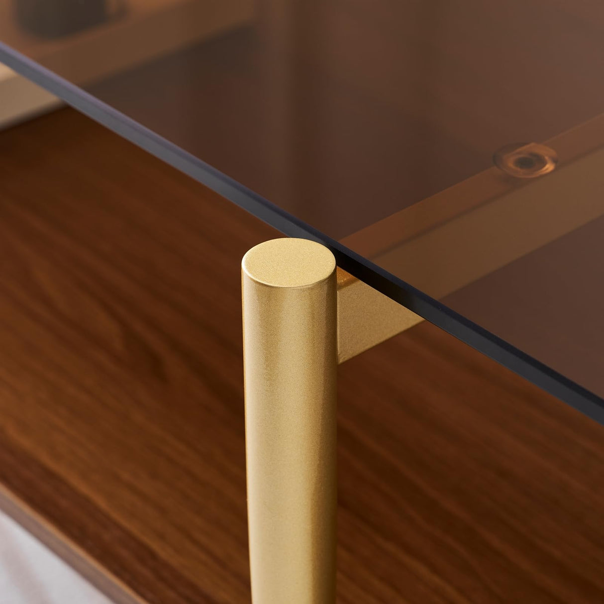 LumFurn Rectangle Coffee Table, Mid-Century Modern Design, L41 W21 x H17, for Living Room, 2-Tier Structure, Amber Glass Top and Walnut MDF Shelf, Sleek Conical Metal Legs with Gold Finish LumFurn