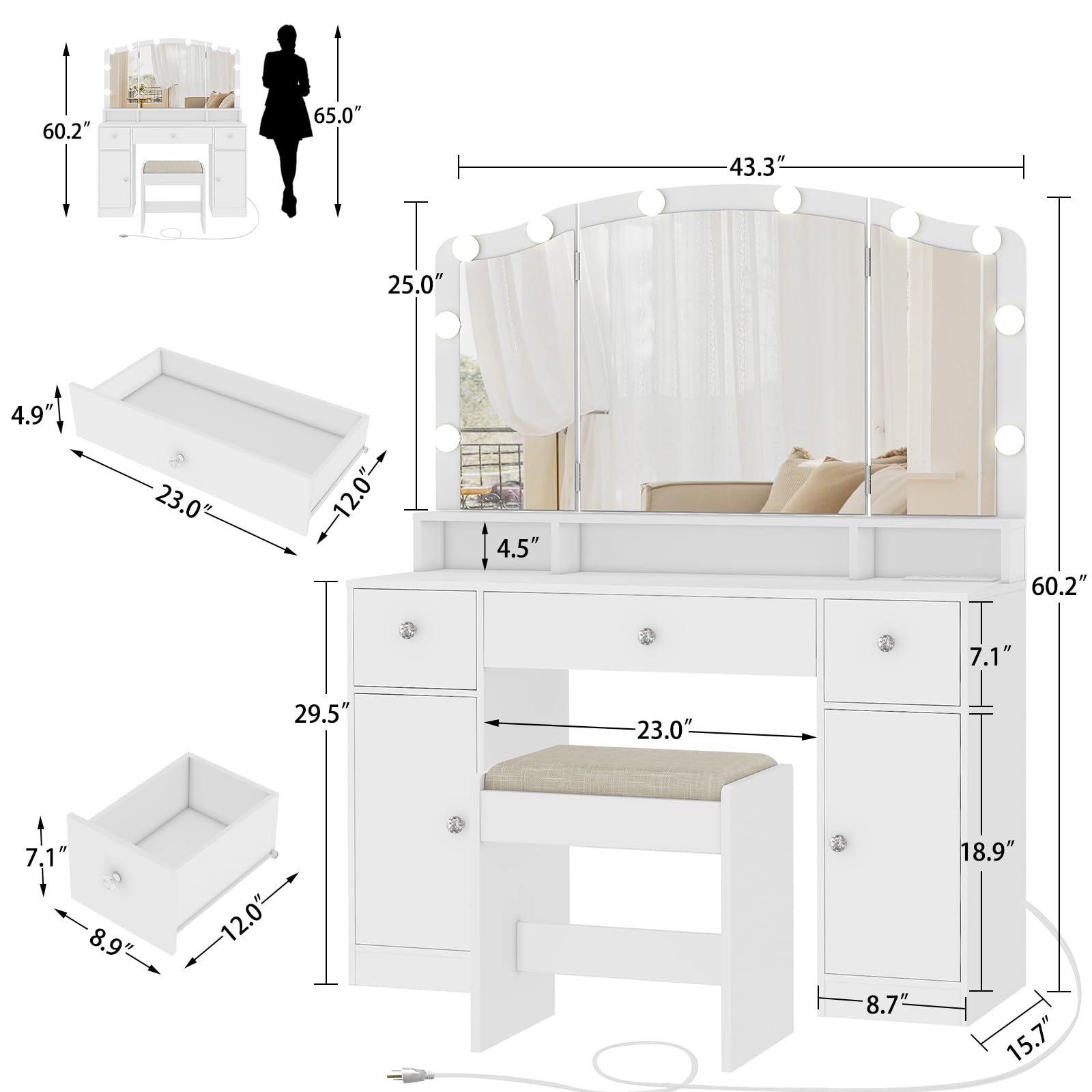 Vanity Desk with Triple Folding Mirror, Makeup Vanity with Power Outlet, Vanity Desk with 10 Lights, 3 Drawers & 2 Cabinets, Makeup Vanity Table with Soft Cushioned Stool for Women, Bedroom,  - WoodArtSupply