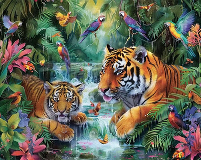 King of the Forest Paint by Numbers Two Tigers DIY Painting by Number on Canvas Waterfalls and Parrots Painting with Brushes Acrylic Paints for Adults and Beginner Home Decor 16x20 Inch（Without Frame）