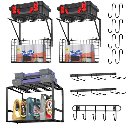 PSUTBPAT Garage Shelf Wall Mounted with Wire baskets, Heavy Duty Garage Wall Shelving with Garden Tool Storage und Hooks, Wire Shelf Baskets for Home Garden Garage Organization and Storage