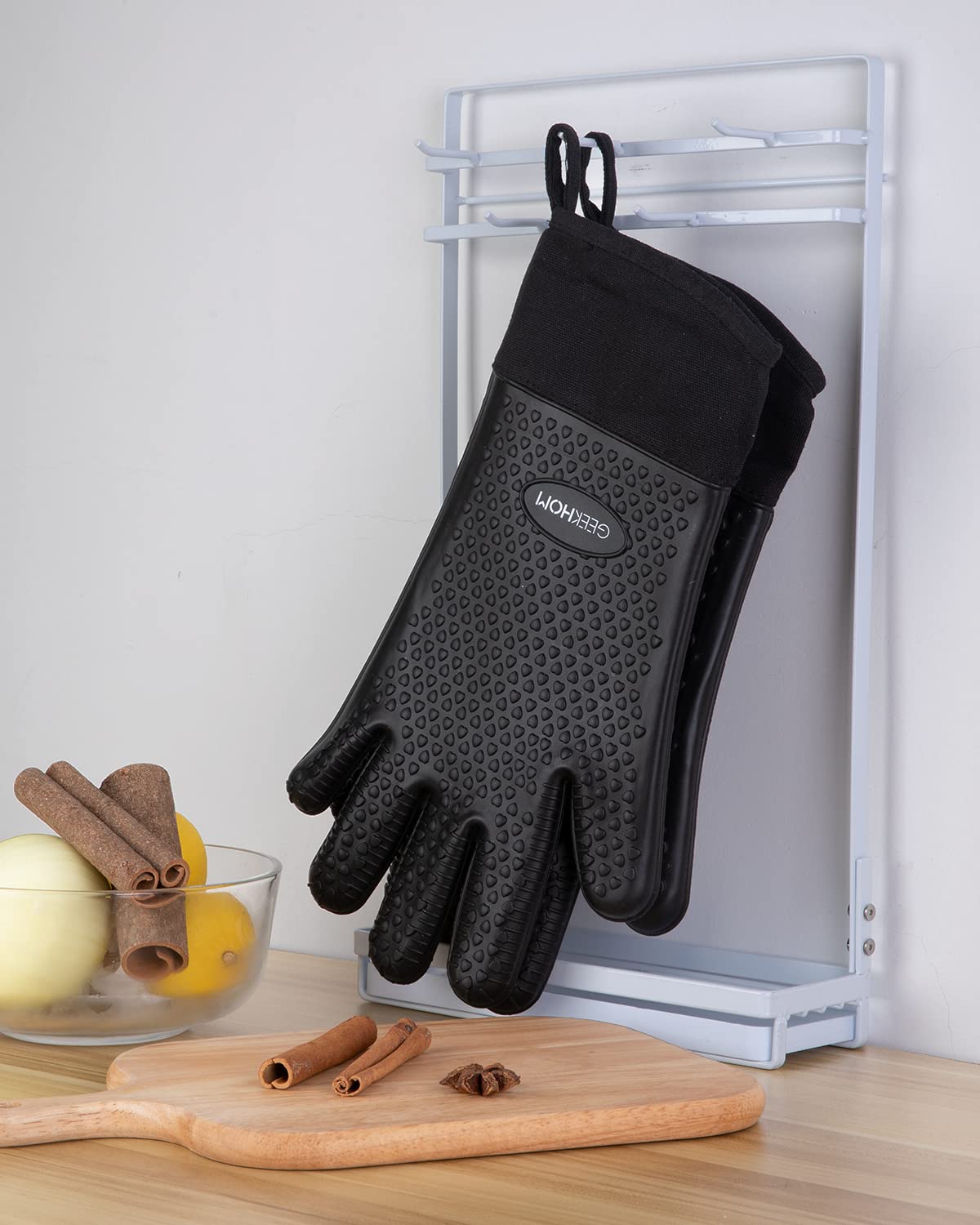 GEEKHOM BBQ Gloves, Grilling Gloves Heat Resistant Oven Gloves, Kitchen Silicone Oven Mitts, Long Waterproof Non-Slip Pot Holder for Barbecue, Cooking, Baking (Black) GEEKHOM