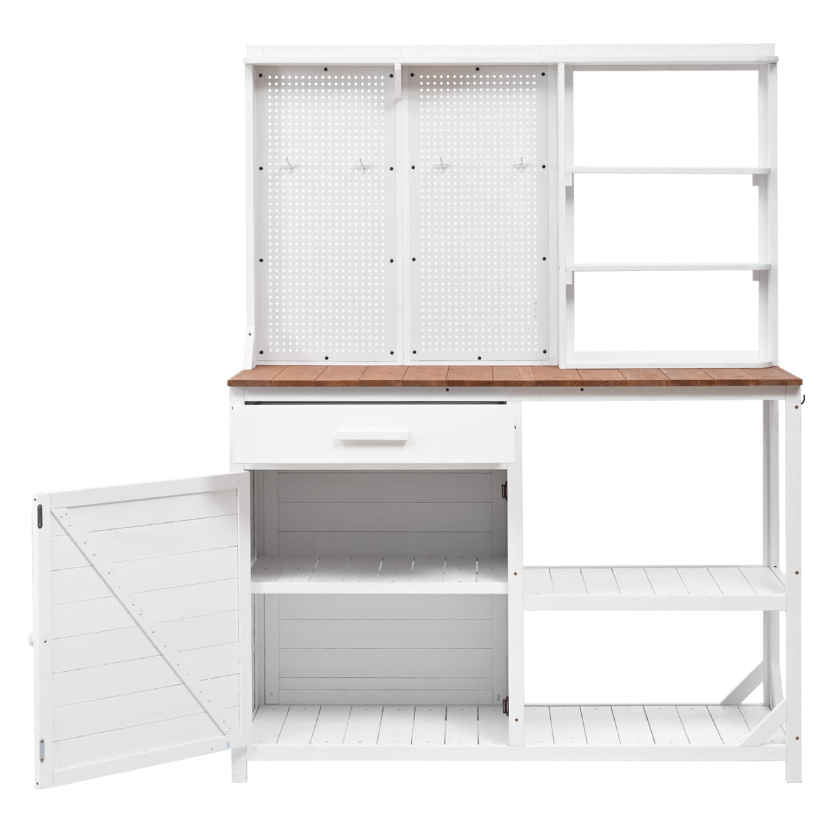 Fir Wood Potting Bench with Hutch - Outdoor Garden Workstation with 4 Shelves, Drawer & Adjustable Storage, 50.2" Countertop, & Pegboard (White + Wood + Rustic) Oevsld