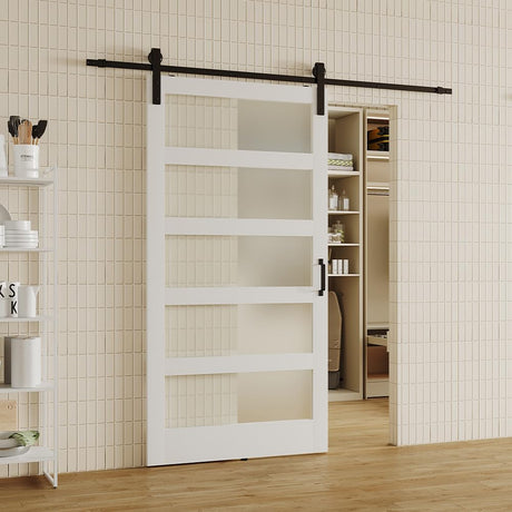 Lakenyon 42in x 84in Glass Barn Door with 6.98 Ft Sliding Door Hardware Kit, Handle, 5-Panel Frosted Glass, Solid Wood & MDF White-Primed Barn Door Panel, Pre-Drilled, Easy to Assemble Lakenyon