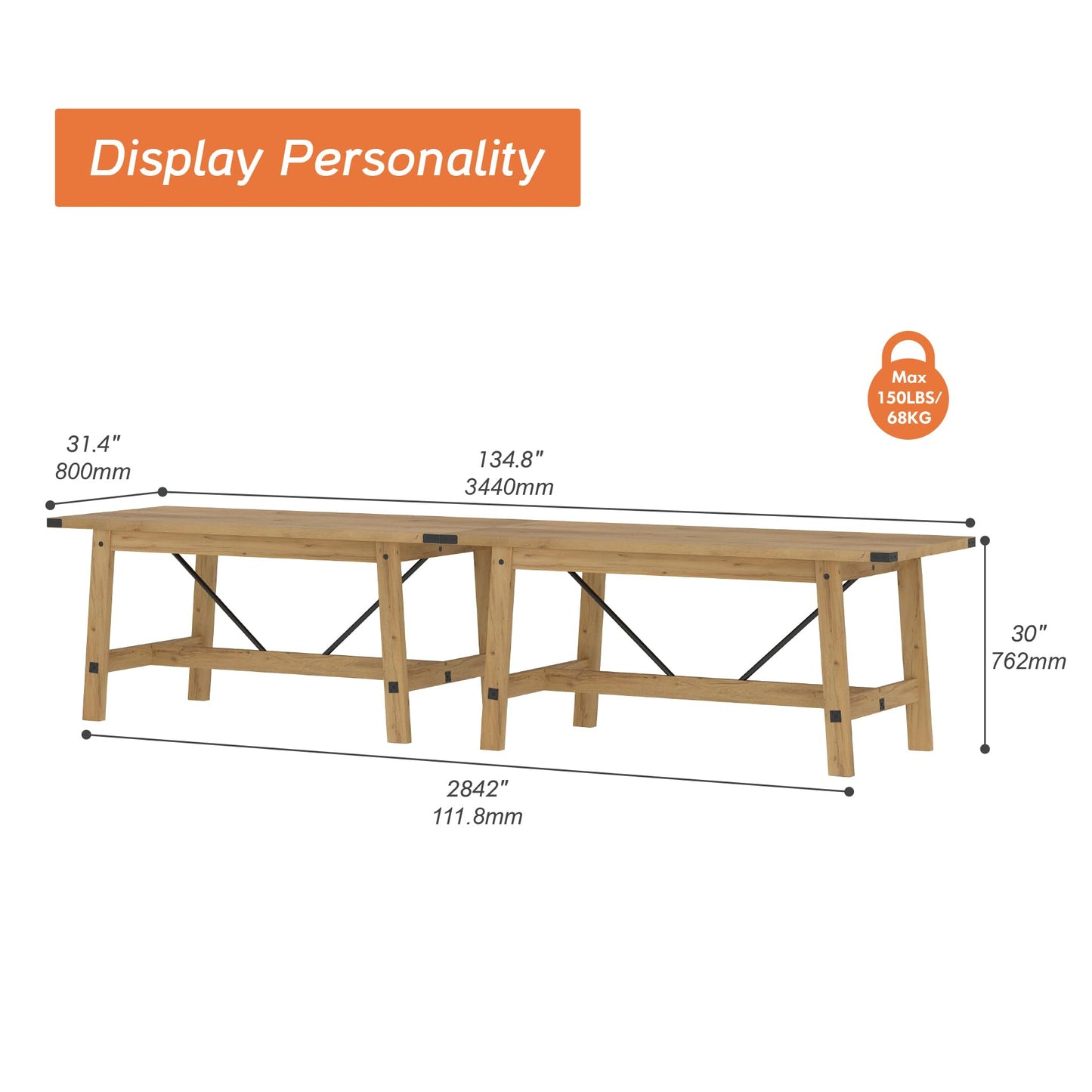 WAMPAT Set of 2 Farmhouse Dining Tables for 8-12 Persons with Heavy Duty Wooden Legs, 135.4 Inch Rectangular Modern Wood Kitchen Table for Dining Room & Living Room, Oak Brown - WoodArtSupply