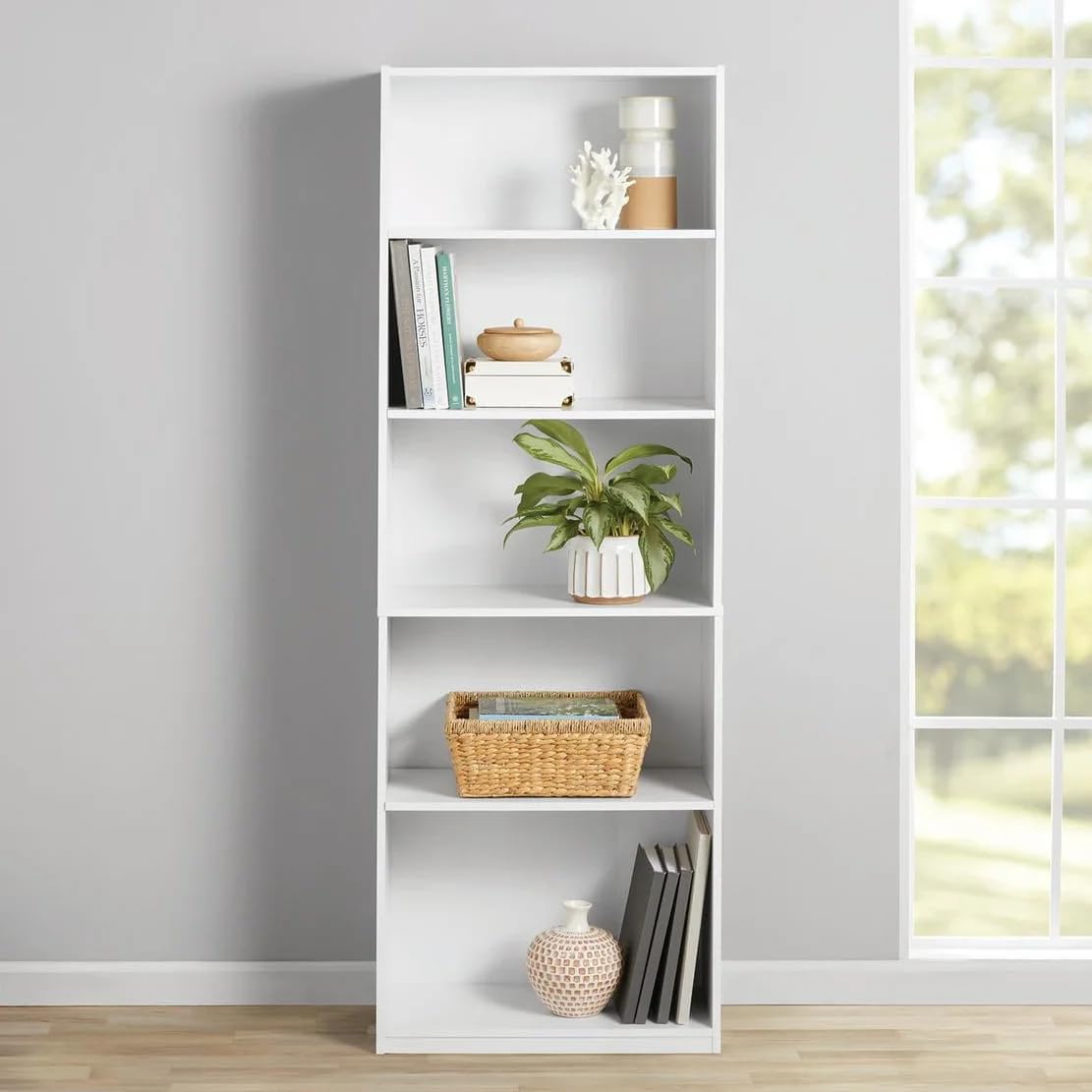 TnLoji 5-Shelf Bookcase with Adjustable Shelves, Open Storage Shelf, 11.65 x 24.88 x 71.42 Inches, for Living Room, Home Office, Dinning Room White TnLoji