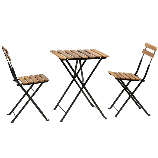 3 Pieces Bistro Set Outdoor Furniture Sets 2 Folding Chairs and Table Steel Frames and Weather-Resistant Wood Portable Design for Bistro & Balcony (Natural) - WoodArtSupply