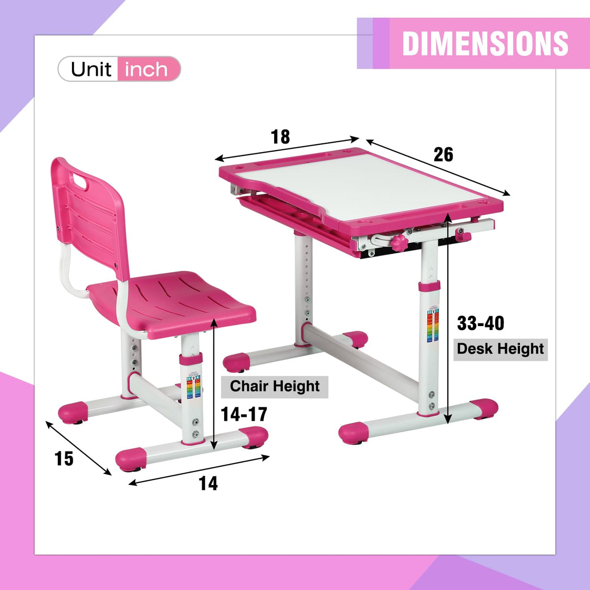 PayLessHere Kids Desk and Chair Set,Height Adjustable Study Desk for Kids with Pull Out Drawer Storage,Multi-function Study Desk and Chair for Writing, Reading and Drawing (Pink) PayLessHere