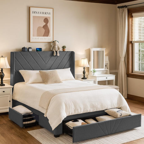 COMHOMA Queen Bed Frame with Headboard and USB & Type-C Charging Ports,Storage Drawers,Modern Upholstered Platform Frames with Padded Headboard, Heavy Duty Structure,No Box Spring Needed,Dark Grey COMHOMA