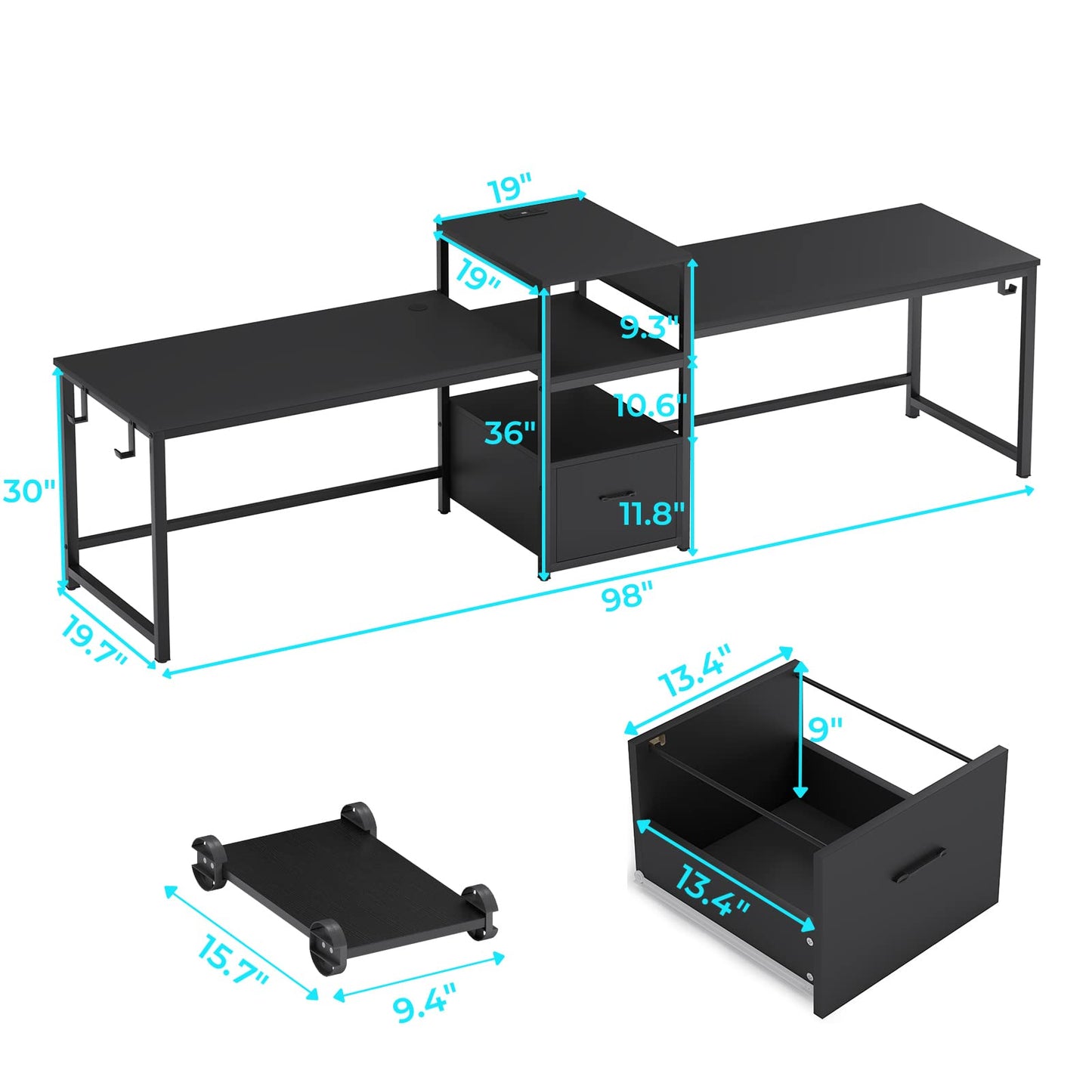 SEDETA 98" 2 Person Office Desk, Computer Desk with Letter/A4 File Drawer, Power Strip with USB, Long Desk for Home Office with Storage, Printer Shelf, Monitor Stand, Black - WoodArtSupply