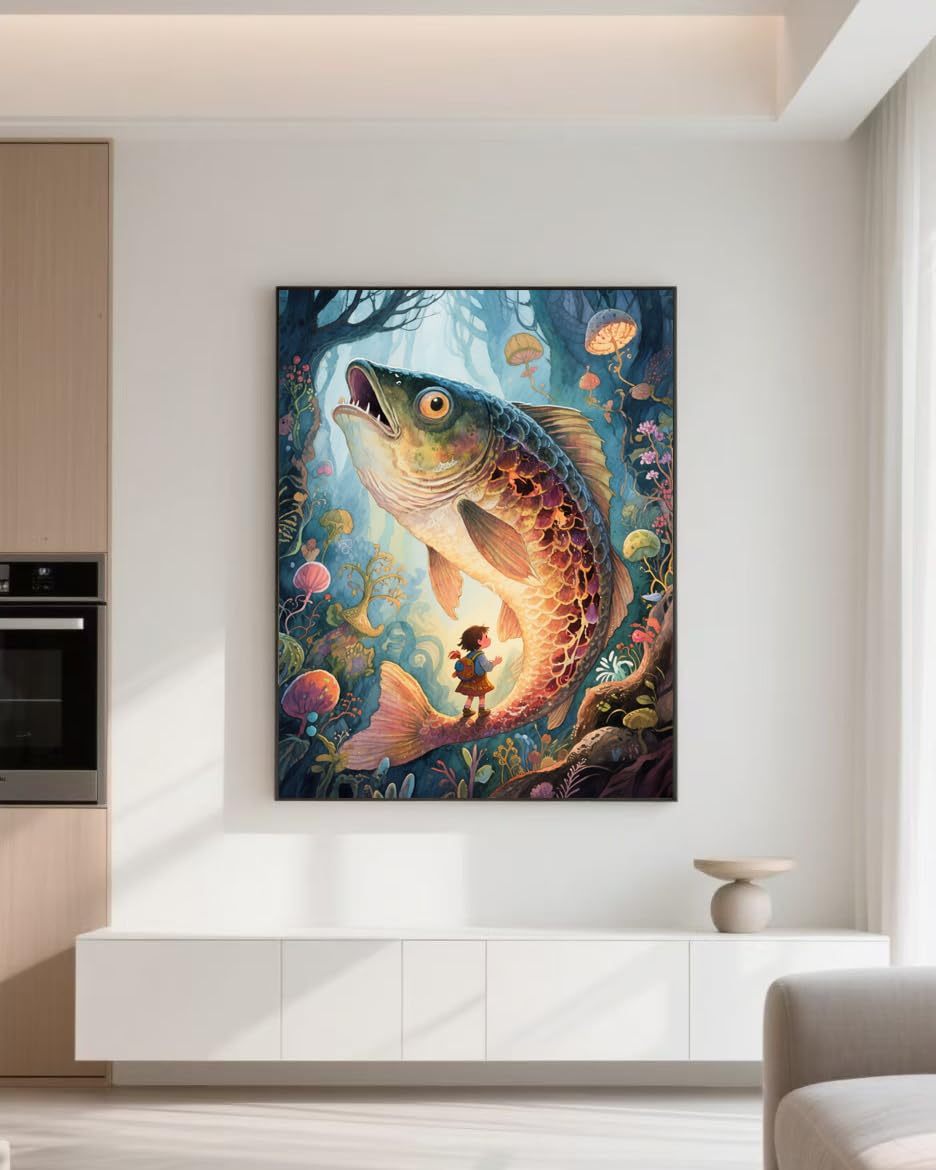 Big Fish 5D Diamond Painting Kit for Adults，The Giant Fish in The Enchanted Forest Full Drill DIY Round Gem Art Diamond Art Kits Painting Crafts Ideal for Beginners and Home Wall Decor 12X16inch PUSHPIN PAINTING