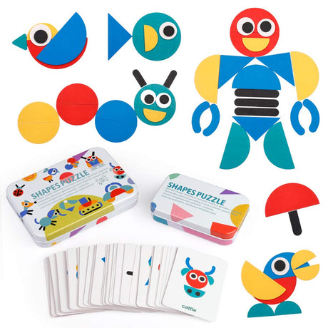 Coogam Wooden Pattern Blocks - Tangram Shape Puzzle Set Color Sorting Stacking Game Wood Animal Jigsaw Preschool Montessori Brain Teaser STEM Gift for 3 4 5 Years Old Toddler Kids (60 Pattern Cards) Coogam