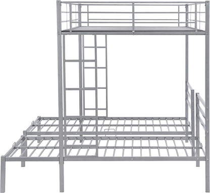 Harper & Bright Designs Metal Triple Bunk Beds Full Over Twin & Twin Bunk Bed with Upper Built-in Shelf, 3 Bed Bunk Beds with 2 Ladders for Kids, Teens, Adults, Silver