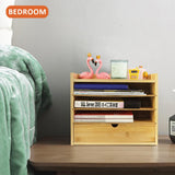 KKTONER 5-Tier Bamboo Desk Organizer with Drawer Tabletop File Organizer Document Holder with Shelf Desktop Cabinet for Home Office School Supplies (Natural) KKTONER