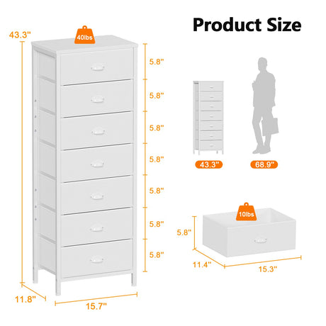 Furnulem White Tall Dresser for Bedroom with 7 Drawers, Vertical Chest of Drawer in Closet, Nightstand Storage Tower Unit Organizer with Fabric Bins for Dorm,Living Room,Entryway,Hallyway Furnulem