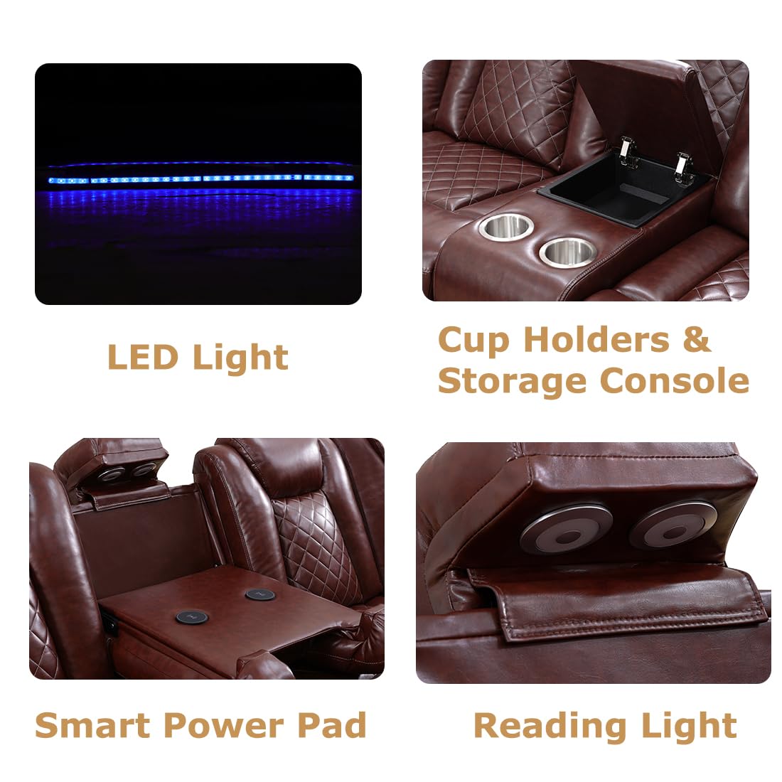 Toseslo Living Room Furniture Sets, Power Reclining Sofa Set, Brown Leather 2 Recliner Sectional with LED Light,Modern Power Recliner Sofa Sets with Cup Holder/Storage Console for Living Room Toseslo