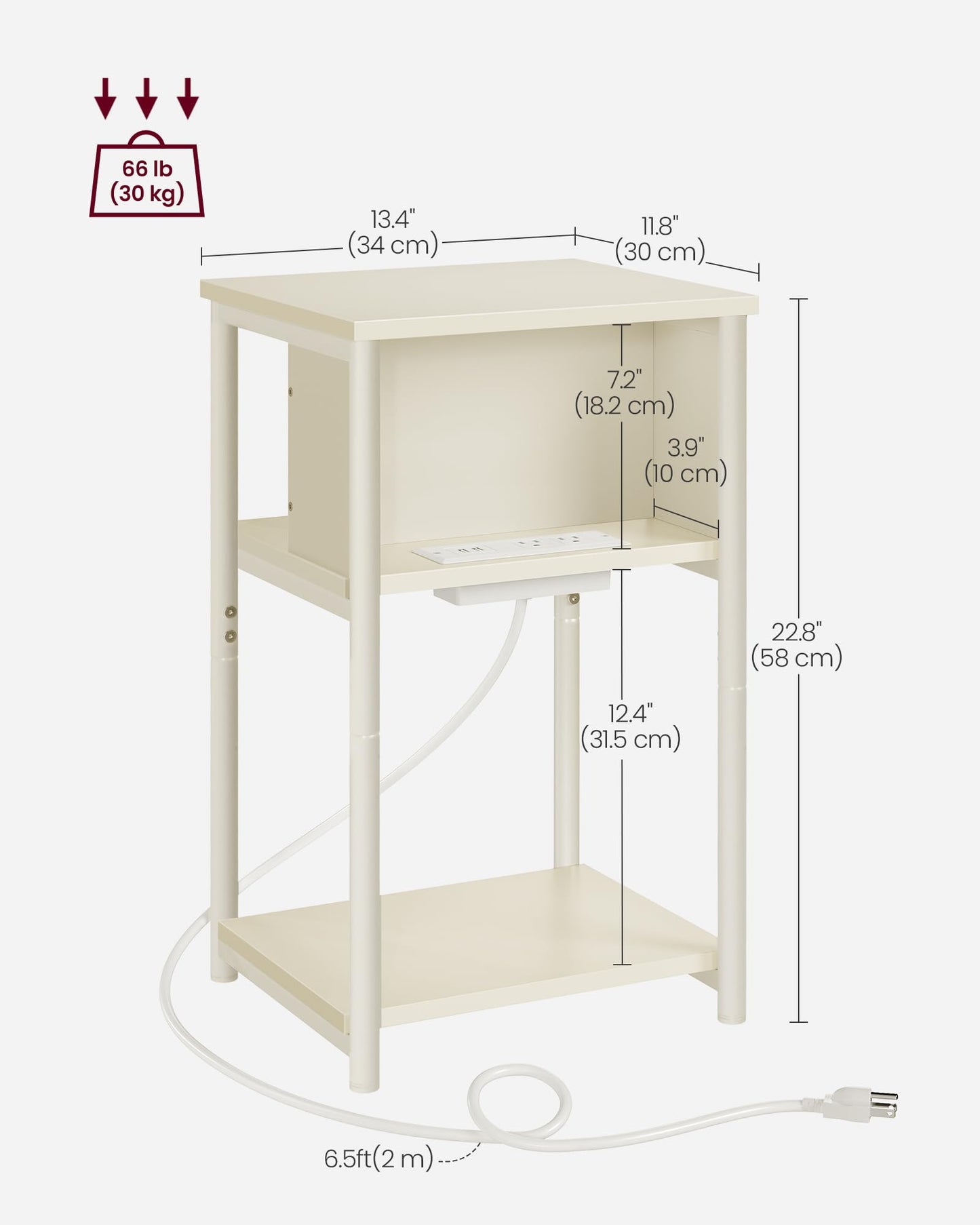 VASAGLE Side Table with Charging Station, 3-Tier End Table with USB Ports and Outlets, Nightstand for Living Room, Bedroom, 11.8 x 13.4 x 22.8 Inches, Plug-in Series, Cream White - WoodArtSupply