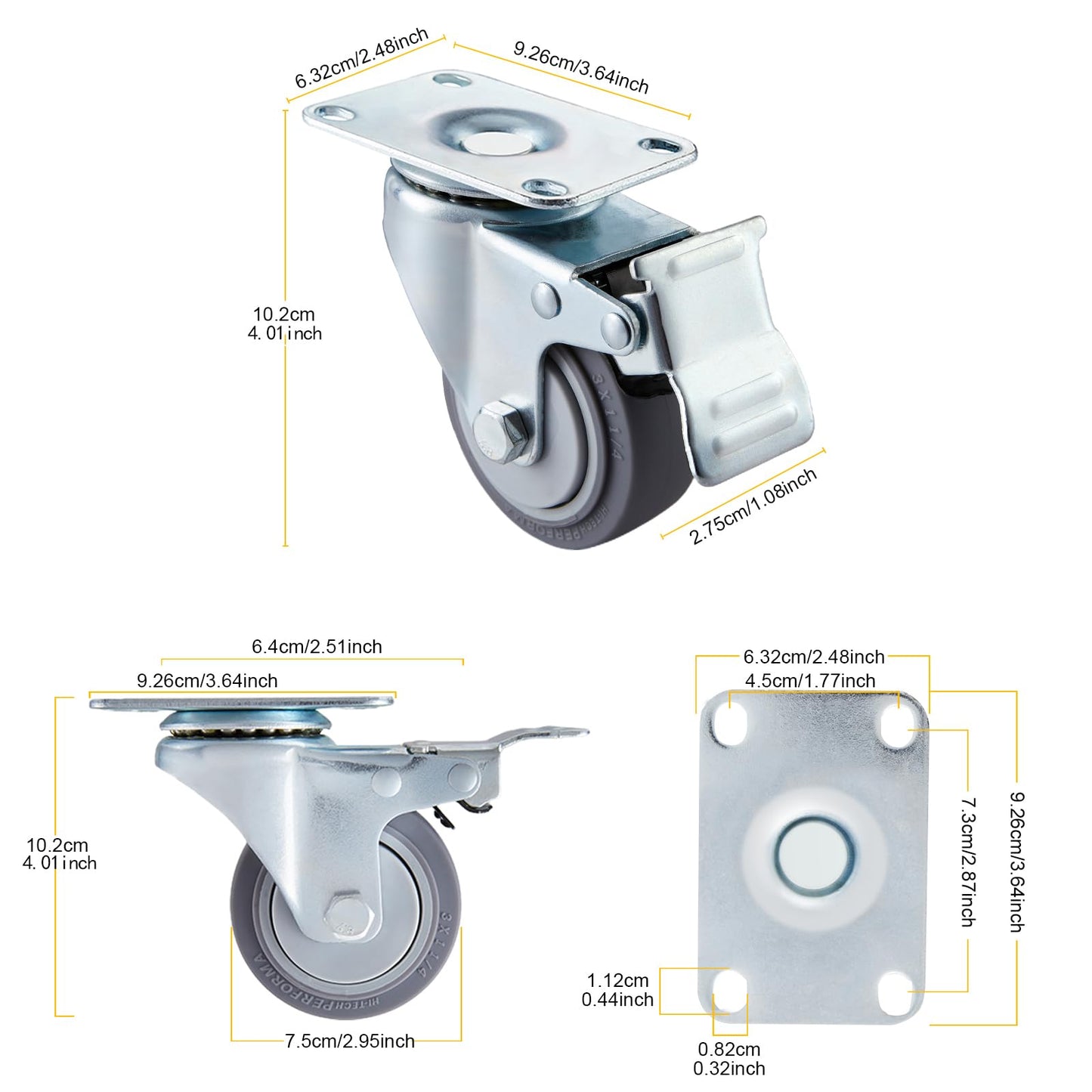 3 inch Caster Wheels Set of 4, Heavy Duty Casters Set of 4 with Polyurethane Wheels No Noise, Locking Casters Swivel Plate Castors with Dual Brake for Cart Furniture Industrial Workbench Load 1000 LBs