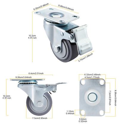 3 inch Caster Wheels Set of 4, Heavy Duty Casters Set of 4 with Polyurethane Wheels No Noise, Locking Casters Swivel Plate Castors with Dual Brake for Cart Furniture Industrial Workbench Load 1000 LBs