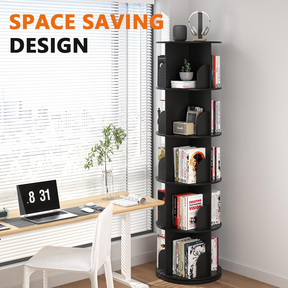 Nidouillet Rotating Bookshelf Tower, 5 Tier Spinning Bookcase Lazy Susan, Revolving 360 Book Shelf Storage Round Organizer, Vertical Rotate Turning Corner Book Case for Small Space, Black Nidouillet