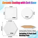 Tioncy 72 Pieces Square Hexagon Round Sublimation Coasters Blanks White Glazed Ceramic Coasters with Cork Backing Pads Heat Transfer for DIY Crafts Painting Home Tioncy