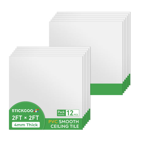 STICKGOO Smooth Drop Ceiling Tiles 2ft x 2ft, PVC Ceiling Tile 24 x 24in - Waterproof, Fire-Rated to Prevent Breakage - Package of 12 Tiles Cover 48 Sq. Ft, White STICKGOO
