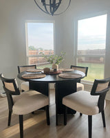 HNY Mid Century Modern Rattan Dining Chairs Set of 6, Farmhouse Linen Upholstered Accent Chair Curved Backrest Kitchen Chairs, with Black Hardwood Frame, Beige HNY