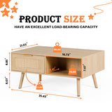 LAZZO Rattan Coffee Table Mid Century Modern Center Rectangular Tables with 2 Drawers and Open Storage Shelf Wooden Small Media Table for Home Living Room,Office Natural Wood LAZZO