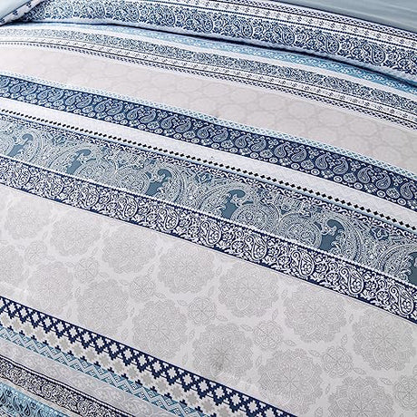 Cottolester Boho Comforter Set King Size Light Blue Comforter Set 8 Piece Bed in a Bag Striped Paisley Bedding Sets Cottolester