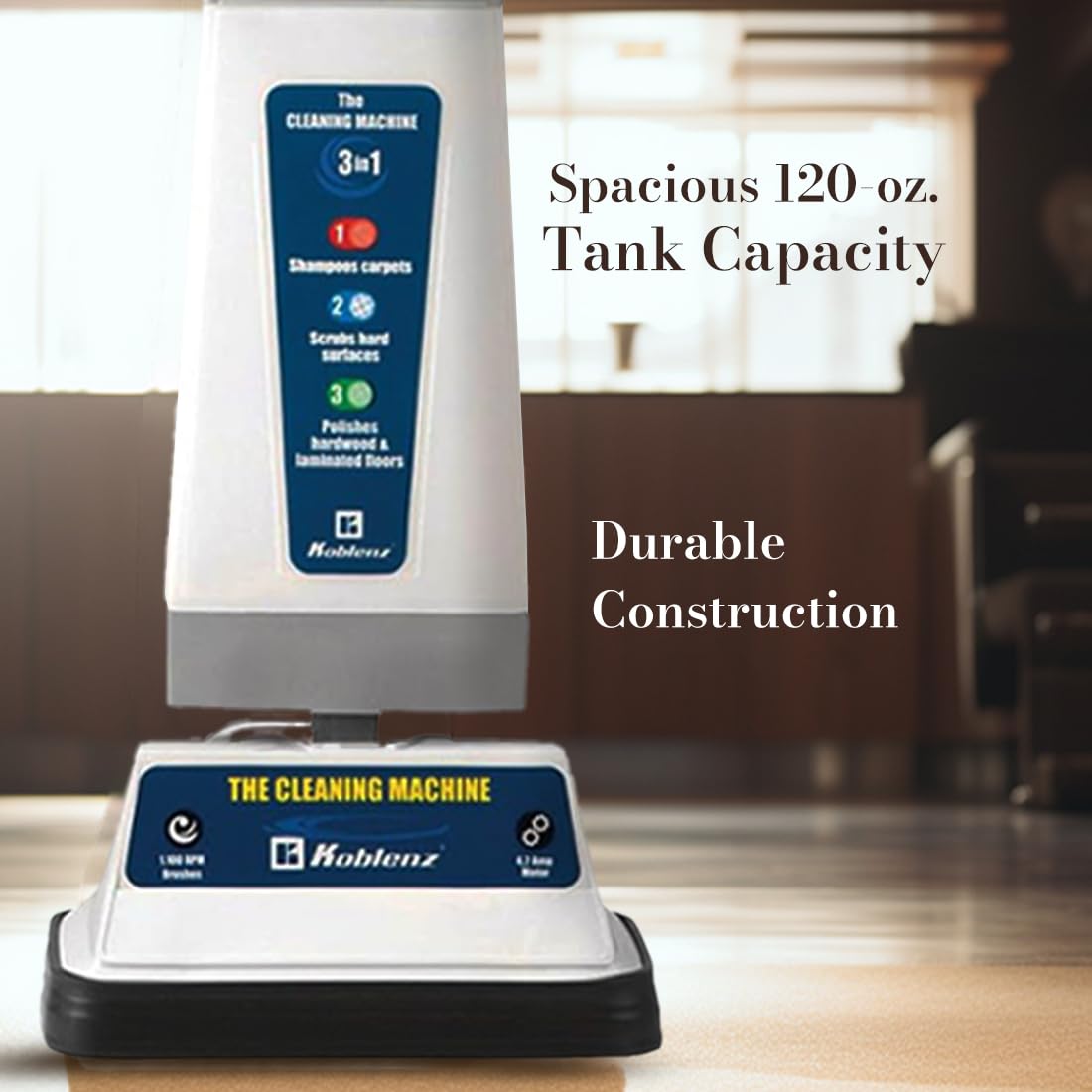 Koblenz Shampooer and Polisher Cleaning Machine, Floor Cleaner with 1100-rpm Motor, 5' Power Cord, 120-oz Tank, 2-Speed Settings, Scrubbing Brushes, Lambswool Pads, and Polishing Pads, P-820 B Koblenz