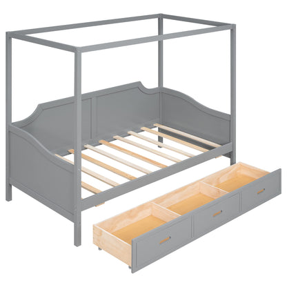 Twin Size Canopy Bed Frame with 3 Storage Drawers,Wood Canopy Bed Frame,4-Post Canopy Bed Twin Size for Kids,Teens,Adults,Gray