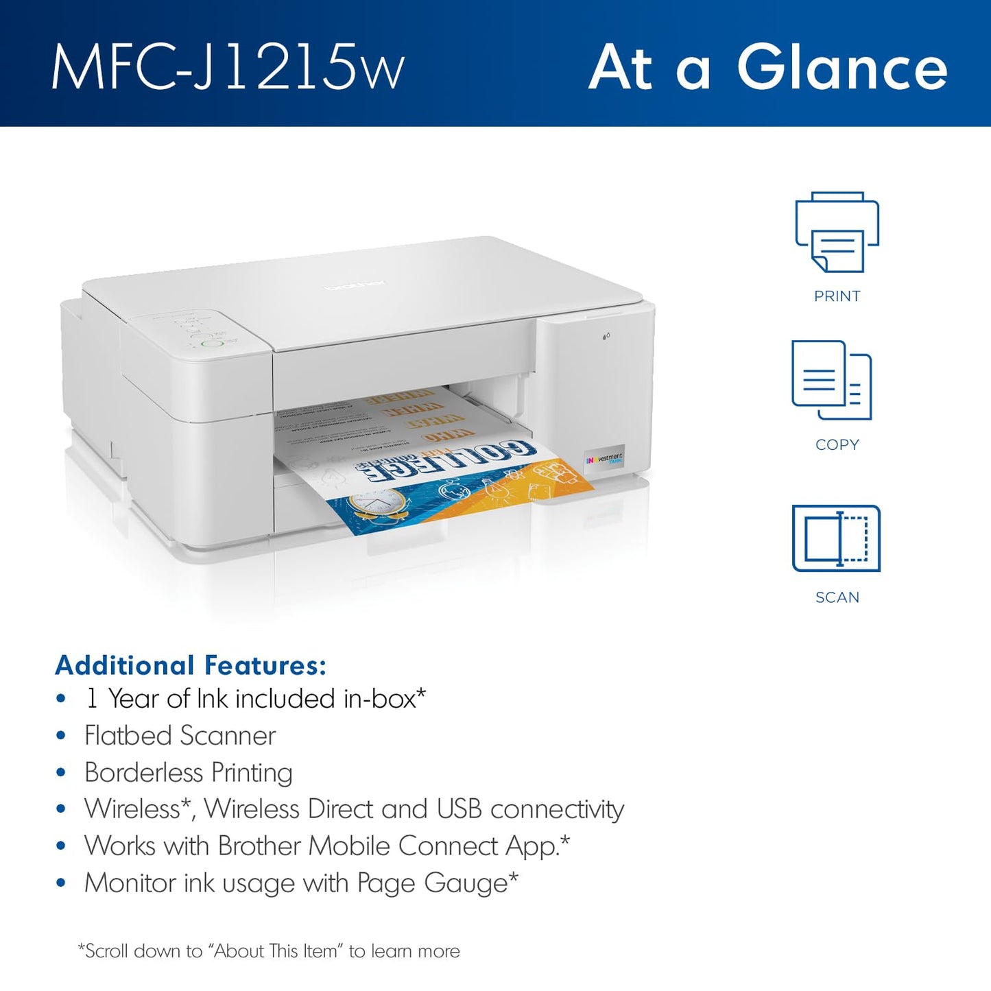 Brother MFC-J1215W INKvestment -Tank Wireless Multi-Function Color Inkjet Printer with Up to 1-Year in Box (Renewed Premium)