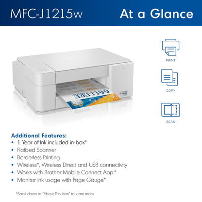 Brother MFC-J1215W INKvestment -Tank Wireless Multi-Function Color Inkjet Printer with Up to 1-Year in Box (Renewed Premium)