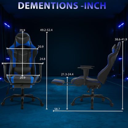 Gaming Chair Computer Chair with Footrest and Lumbar Support, Height Adjustable Game Chair Video Game Chair High Back Reclining Computer Chair with 360°-Swivel Chair for Adults, Blue