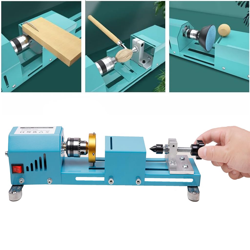 BACHIN Mini Lathe Wood Lathe Machine Multi-Purpose Type Lathe with Wood Lathe Milling Accessories, for Wood Polishing, Grinding, Cutting and Milling ，2.76 in x 6.3 in, 24VDC 96W，7 Speeds BACHIN
