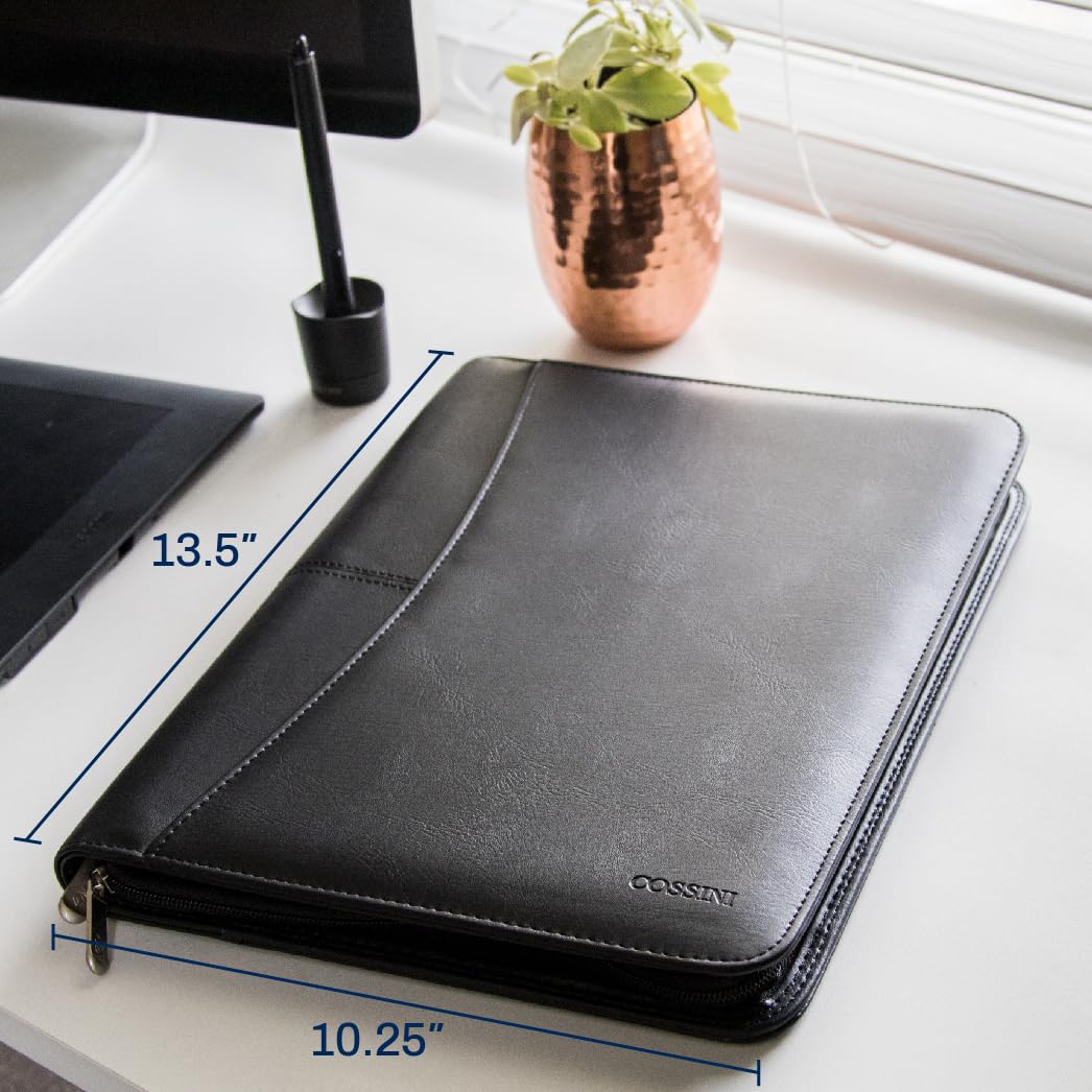 Cossini Black Superior Vegan Leather Business Portfolio with Zipper – Padfolio All-in-One. Smartest Protective 10.1 Inch Tablet Sleeve, Presentation Slot, Solar Calculator, Card Storage, Writing Pad COSSINI