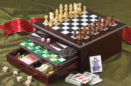 Board Game Set - Deluxe 15 in 1 Tabletop Wood-accented Game Center with Storage Drawer (Checkers, Chess, Chinese Checkers, Parcheesi, TicTacToe, SOlitaire, Snakes and Ladders, Mancala, Backgammon, Poker Dice, Playing Cards, Go Fish, Old Maid, and Dominos) Etna
