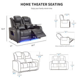 Home Theater Seating LoveSeat with Lighting Armrest, Game Movie Theater Chairs Theater Recliner Sofa with 7 Colors Ambient Lighting, Lumbar Pillow, Side Pocket, Tray Table, Power Recline, Black Airadlis