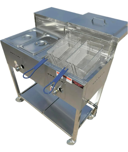 Gas Shark Deep Fryer Cart with 30 lb 3.5 Gallon Single Tank | 2 Fryer Baskets | 2 Container Pan Steam Table | Serving Shelf | Outdoor Propane | Stainless Steel | Portable for Commercial & Home Use