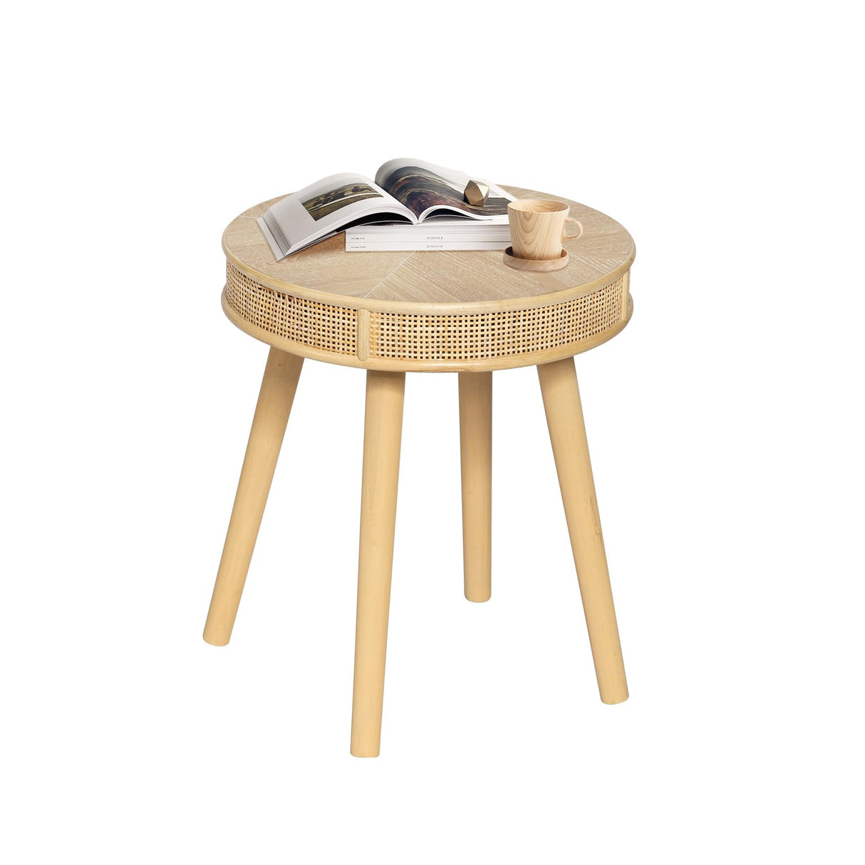 RUSTOWN 2-Piece Farmhouse Coffee Table, Modern Rustic Sofa Side Tea Tables, Solid Wood Finish with Crafted Rattan Side and End Table Sets for Living Room (Natural) RUSTOWN