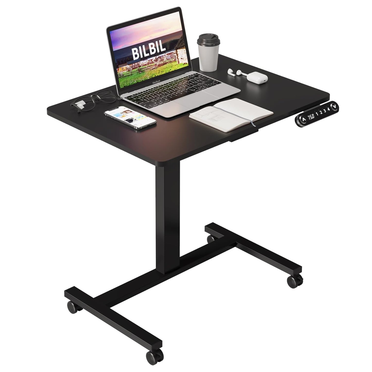 bilbil Electric Standing Desks with Lockable Wheels, 32 * 24 inch Height Adjustable Sit to Stand Desk, Overbed Laptop Table Desk, Mobile Rolling Desk, Portable Work Table for Home & Office, W - WoodArtSupply