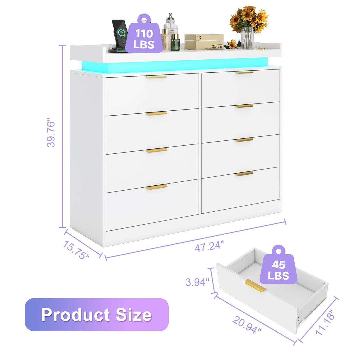 UNIQUITE 8 Drawer Dresser for Bedroom, White Dresser with LED Lights and Power Outlet, Wooden Dressers Chests of Drawers, Double Wide Dressers for Bedroom, Living Room, Hallway UNIQUITE
