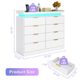 UNIQUITE 8 Drawer Dresser for Bedroom, White Dresser with LED Lights and Power Outlet, Wooden Dressers Chests of Drawers, Double Wide Dressers for Bedroom, Living Room, Hallway UNIQUITE