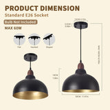 Set of 2 Pcs 11.8" Black Dome Pendant Light, Farmhouse Modern Black and Wood Hanging Pendant Lights Kitchen Island, Vintage Pendant Light Large Dome Chandelier for Kitchen Island, Dining Room Ziqqeelam