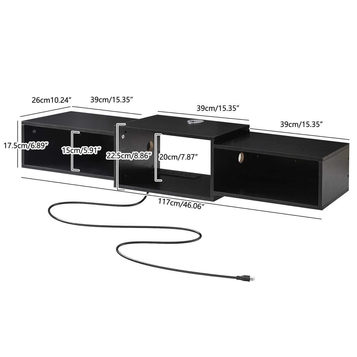 IBUYKE Floating TV Stand Wall Mounted with Power Outlet,Modern Wood Wall Mounted Media Console Shelf,Floating Entertainment Center for Under TV Storage for Living Room Bedroom Office,Black WST001B- IBUYKE