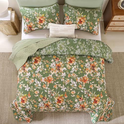 Dobuyly Green Floral Quilt Set King Size, Botanical Flowers Bedspreads Coverlet Set, 3 Pieces Soft Lightweight Microfiber Quilt Bedding Set for All Seasons 110"x90" Dobuyly